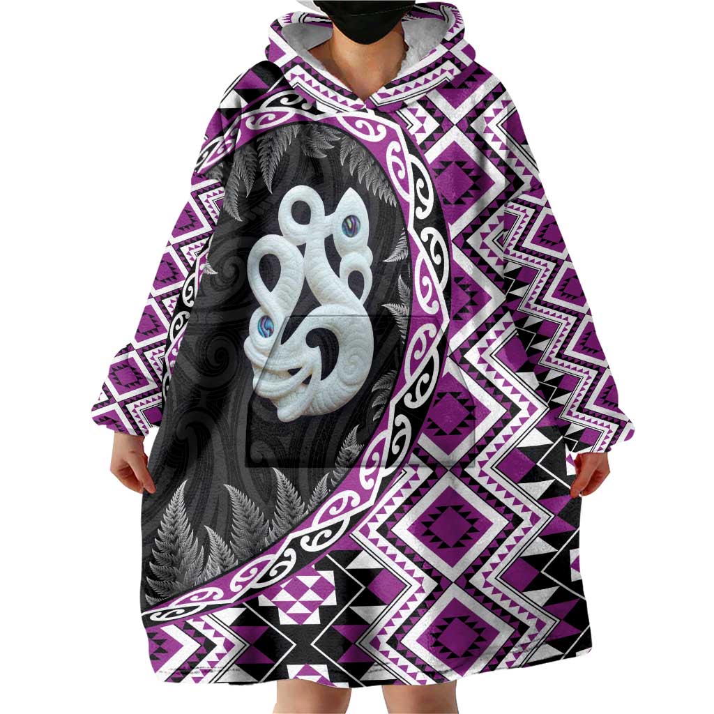 Purple Taniko Motif Aotearoa Manaia and Silver Fern Wearable Blanket Hoodie