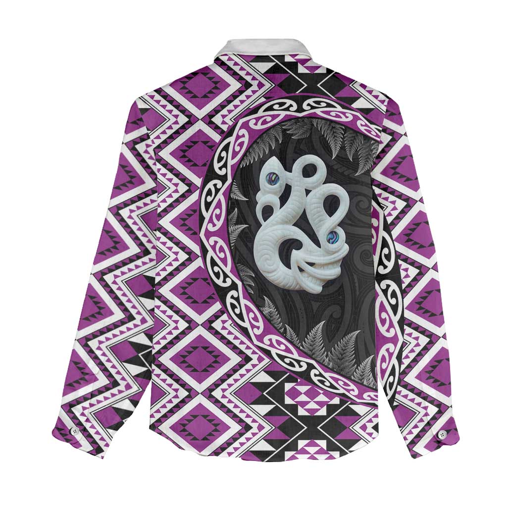 Purple Taniko Motif Aotearoa Manaia and Silver Fern Women Casual Shirt