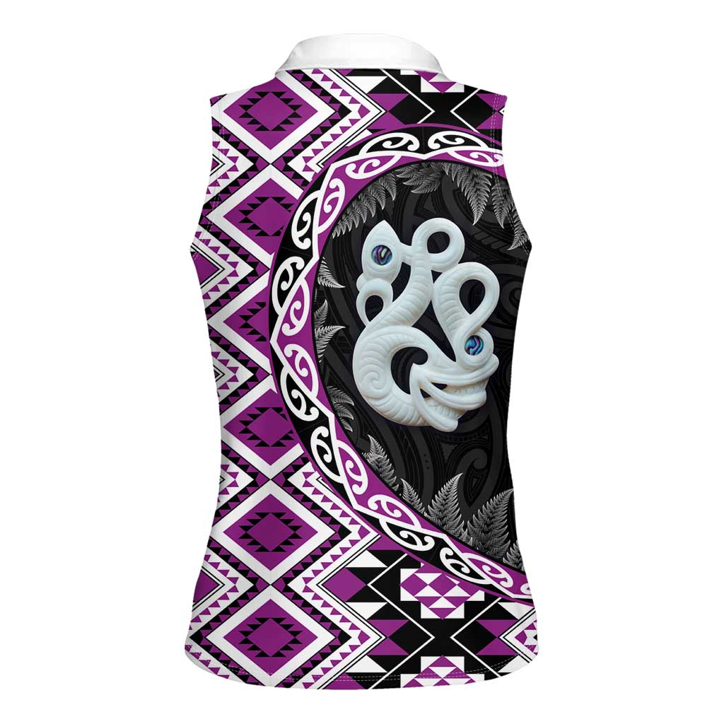 Purple Taniko Motif Aotearoa Manaia and Silver Fern Women Sleeveless Polo Shirt