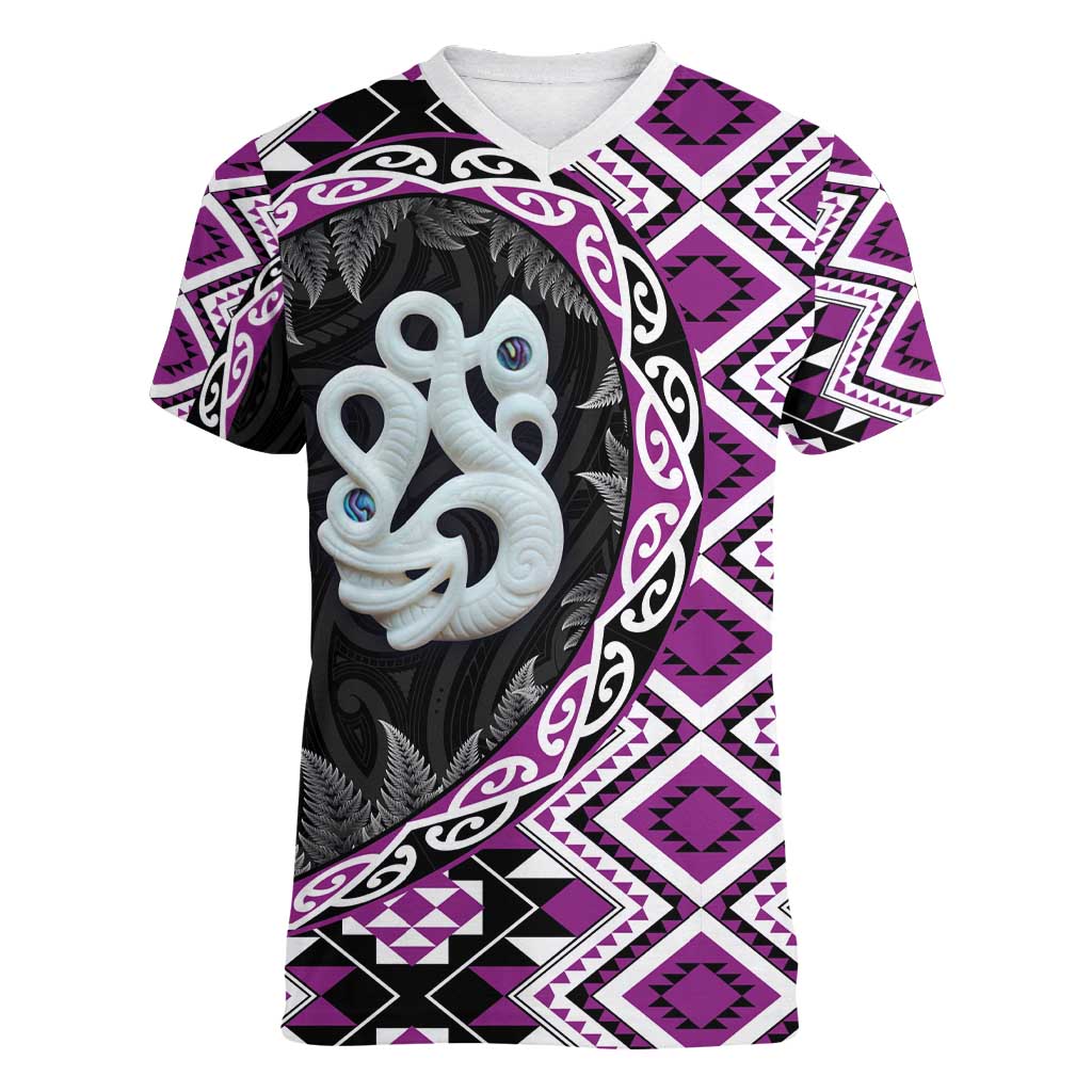 Purple Taniko Motif Aotearoa Manaia and Silver Fern Women V-Neck T-Shirt
