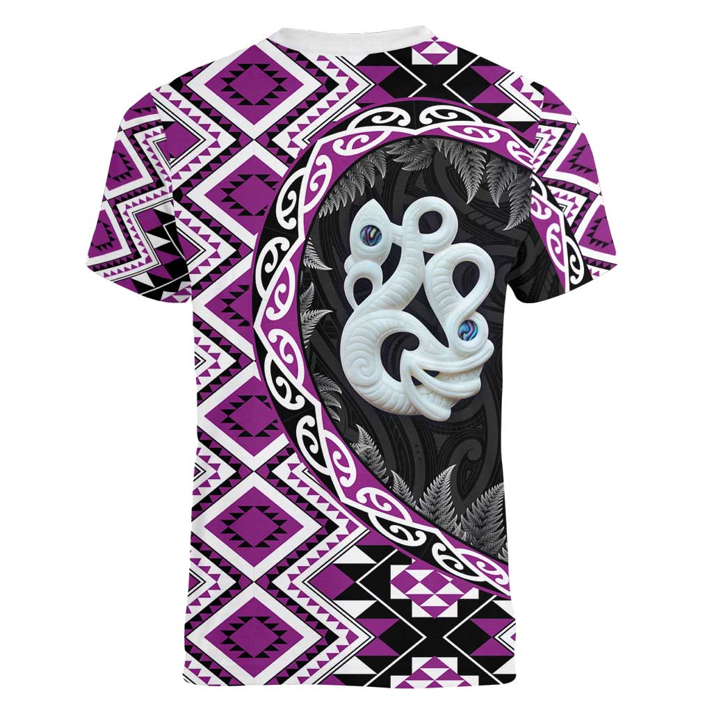 Purple Taniko Motif Aotearoa Manaia and Silver Fern Women V-Neck T-Shirt