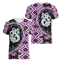 Purple Taniko Motif Aotearoa Manaia and Silver Fern Women V-Neck T-Shirt