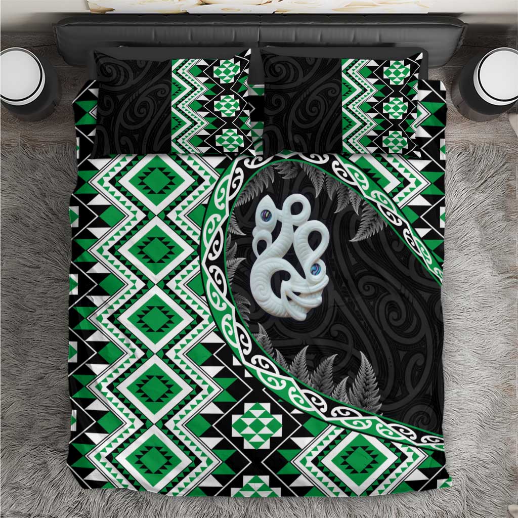 Green Taniko Motif Aotearoa Manaia and Silver Fern Bedding Set LT03 Green - Polynesian Pride