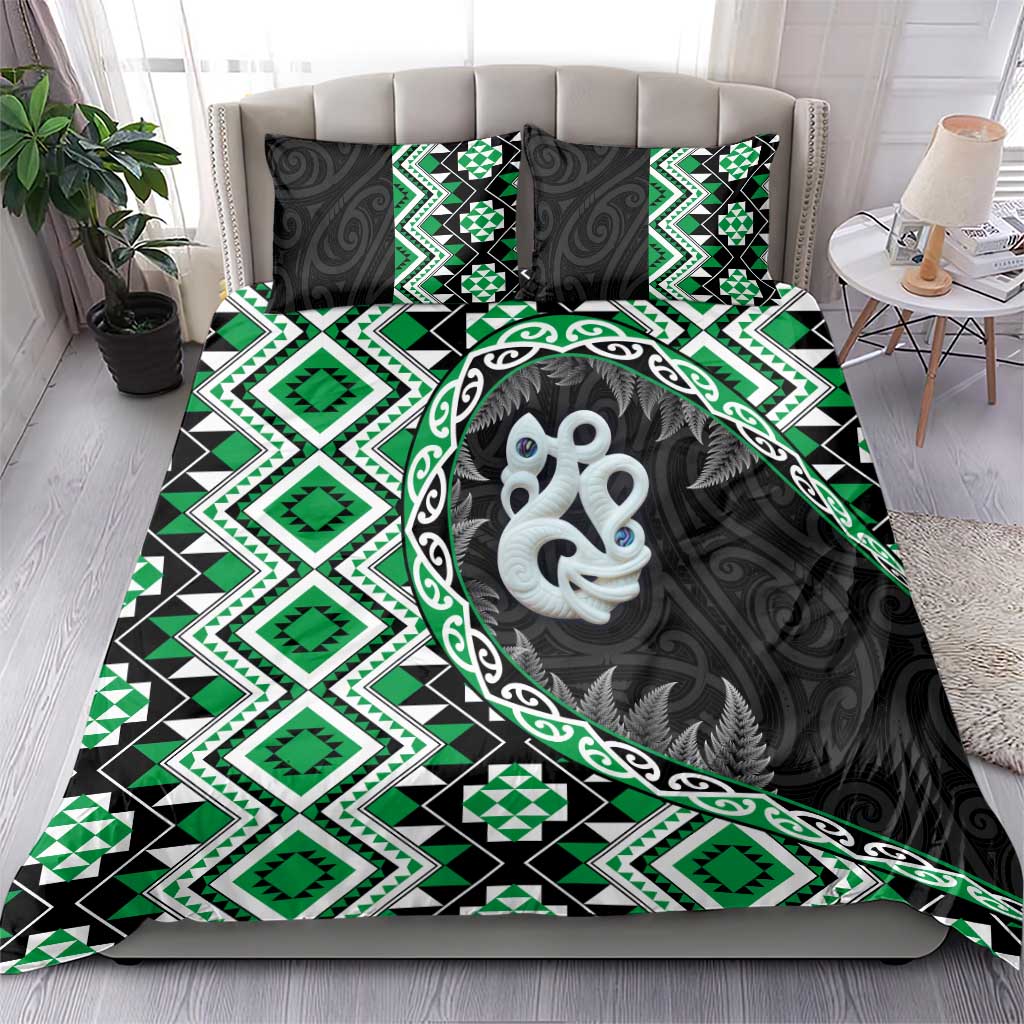 Green Taniko Motif Aotearoa Manaia and Silver Fern Bedding Set