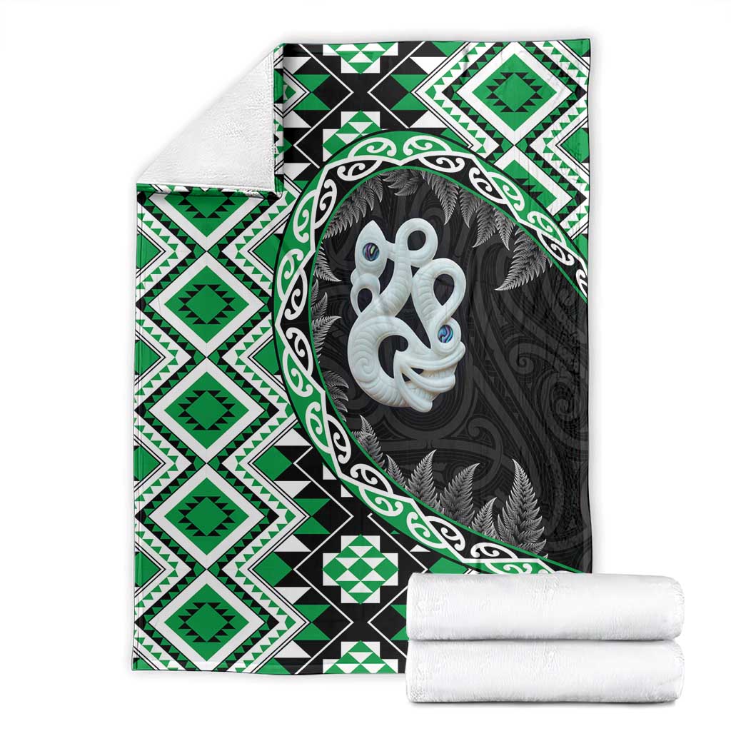 Green Taniko Motif Aotearoa Manaia and Silver Fern Blanket