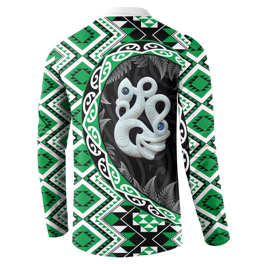 Green Taniko Motif Aotearoa Manaia and Silver Fern Button Sweatshirt LT03 - Polynesian Pride