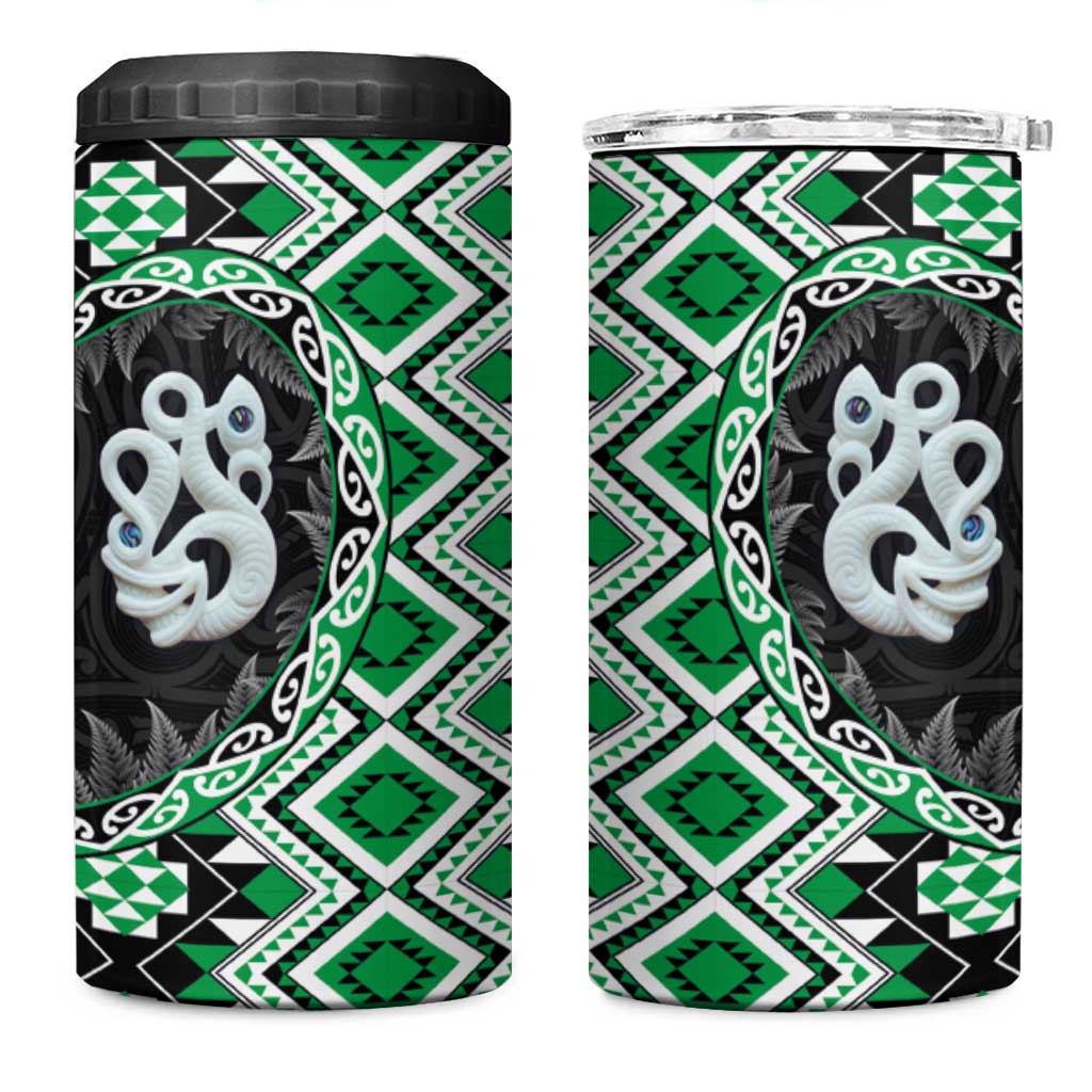 Green Taniko Motif Aotearoa Manaia and Silver Fern 4 in 1 Can Cooler Tumbler