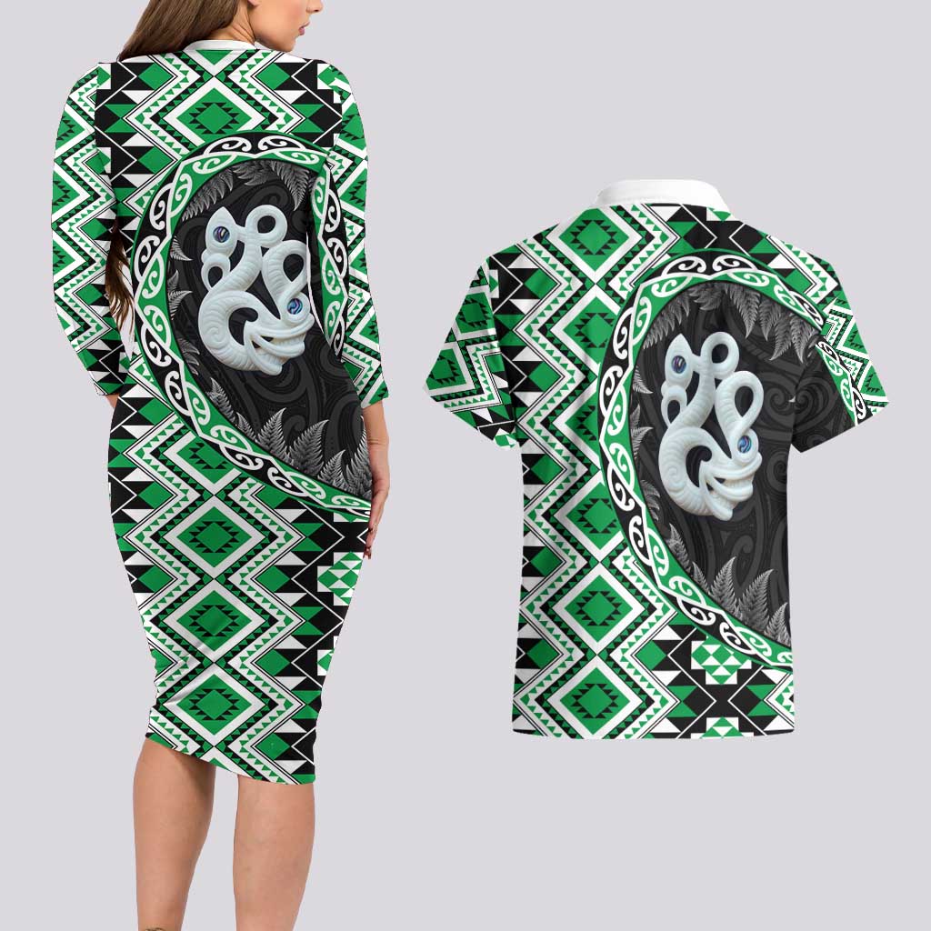 Green Taniko Motif Aotearoa Manaia and Silver Fern Couples Matching Long Sleeve Bodycon Dress and Hawaiian Shirt