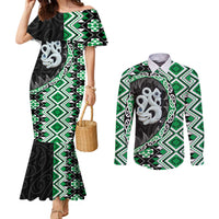 Green Taniko Motif Aotearoa Manaia and Silver Fern Couples Matching Mermaid Dress and Long Sleeve Button Shirt