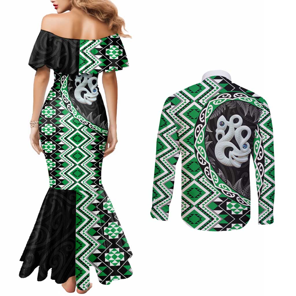 Green Taniko Motif Aotearoa Manaia and Silver Fern Couples Matching Mermaid Dress and Long Sleeve Button Shirt