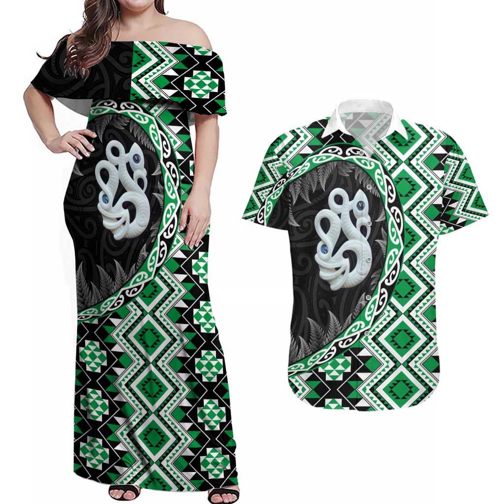 Green Taniko Motif Aotearoa Manaia and Silver Fern Couples Matching Off Shoulder Maxi Dress and Hawaiian Shirt