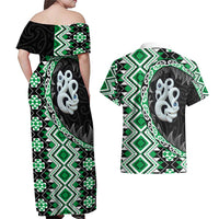 Green Taniko Motif Aotearoa Manaia and Silver Fern Couples Matching Off Shoulder Maxi Dress and Hawaiian Shirt