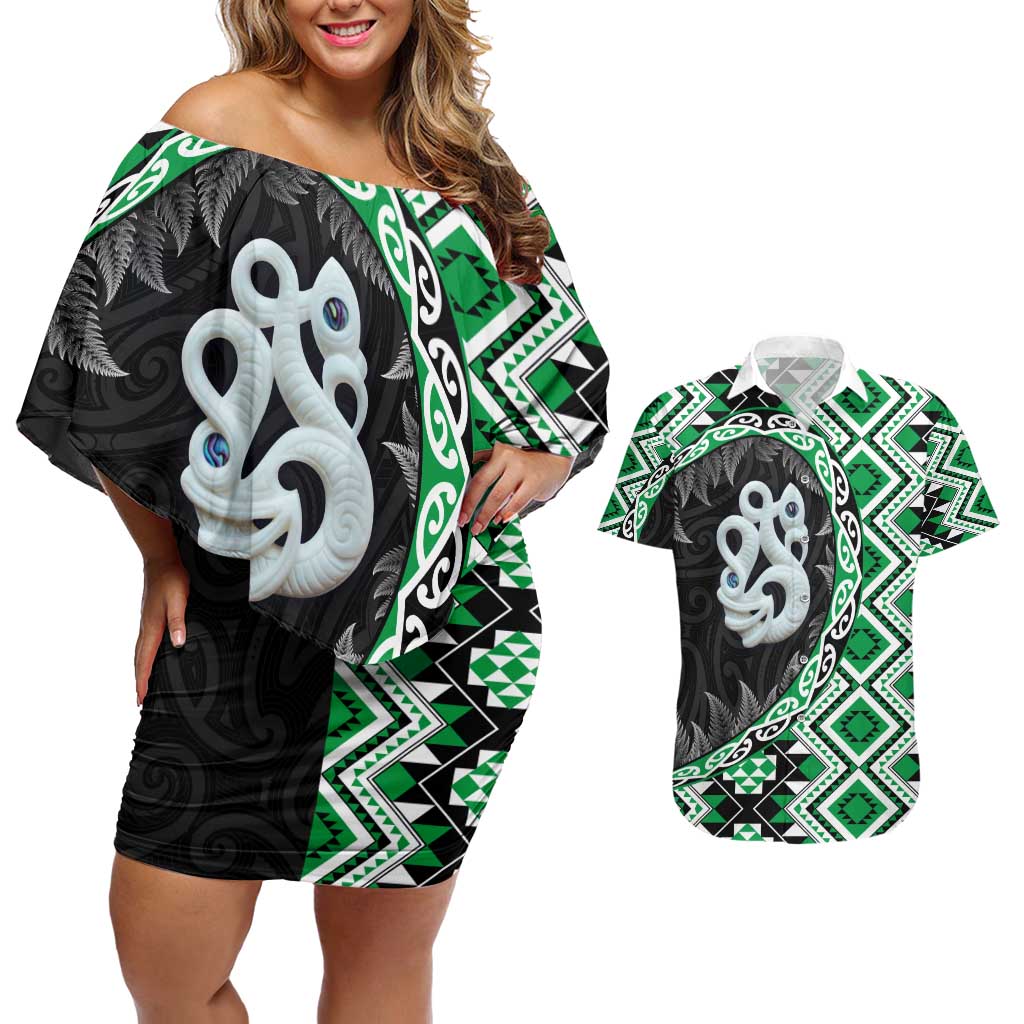 Green Taniko Motif Aotearoa Manaia and Silver Fern Couples Matching Off Shoulder Short Dress and Hawaiian Shirt