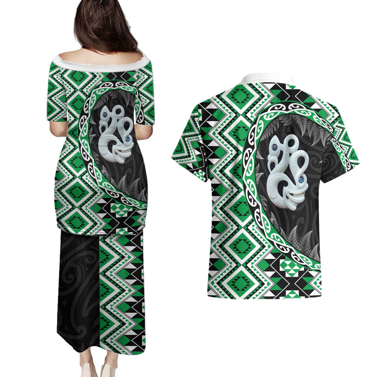 Green Taniko Motif Aotearoa Manaia and Silver Fern Couples Matching Puletasi and Hawaiian Shirt
