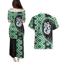 Green Taniko Motif Aotearoa Manaia and Silver Fern Couples Matching Puletasi and Hawaiian Shirt