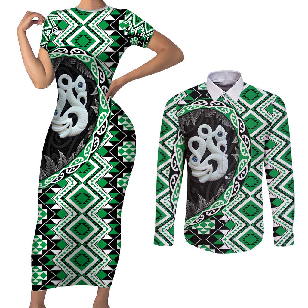 Green Taniko Motif Aotearoa Manaia and Silver Fern Couples Matching Short Sleeve Bodycon Dress and Long Sleeve Button Shirt