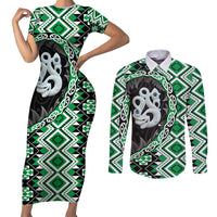 Green Taniko Motif Aotearoa Manaia and Silver Fern Couples Matching Short Sleeve Bodycon Dress and Long Sleeve Button Shirt