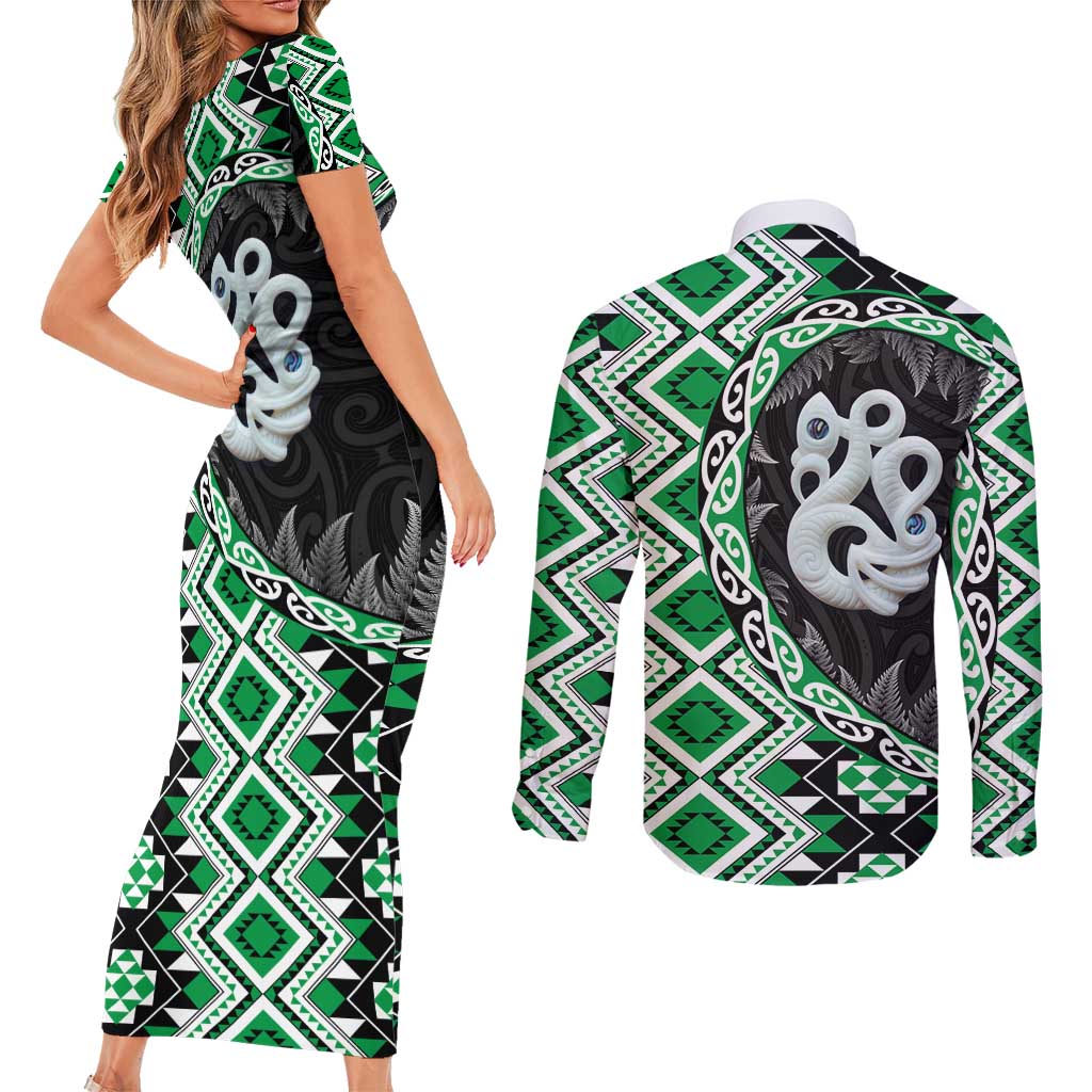 Green Taniko Motif Aotearoa Manaia and Silver Fern Couples Matching Short Sleeve Bodycon Dress and Long Sleeve Button Shirt