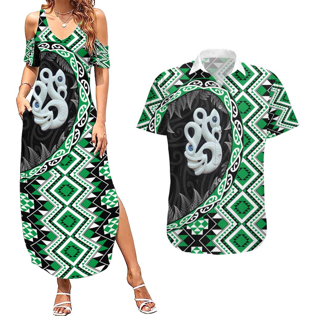 Green Taniko Motif Aotearoa Manaia and Silver Fern Couples Matching Summer Maxi Dress and Hawaiian Shirt