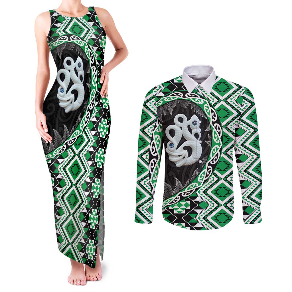 Green Taniko Motif Aotearoa Manaia and Silver Fern Couples Matching Tank Maxi Dress and Long Sleeve Button Shirt