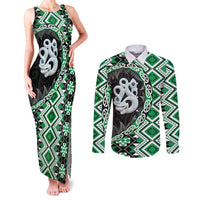 Green Taniko Motif Aotearoa Manaia and Silver Fern Couples Matching Tank Maxi Dress and Long Sleeve Button Shirt