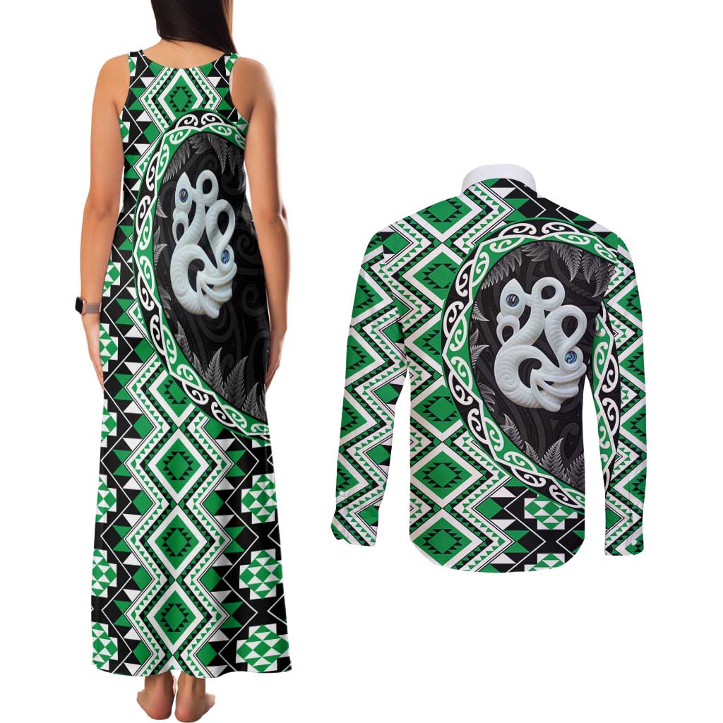 Green Taniko Motif Aotearoa Manaia and Silver Fern Couples Matching Tank Maxi Dress and Long Sleeve Button Shirt