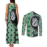 Green Taniko Motif Aotearoa Manaia and Silver Fern Couples Matching Tank Maxi Dress and Long Sleeve Button Shirt