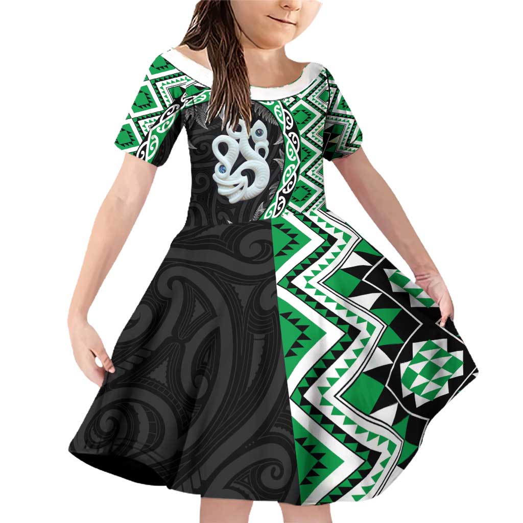 Green Taniko Motif Aotearoa Manaia and Silver Fern Family Matching Off Shoulder Short Dress and Hawaiian Shirt