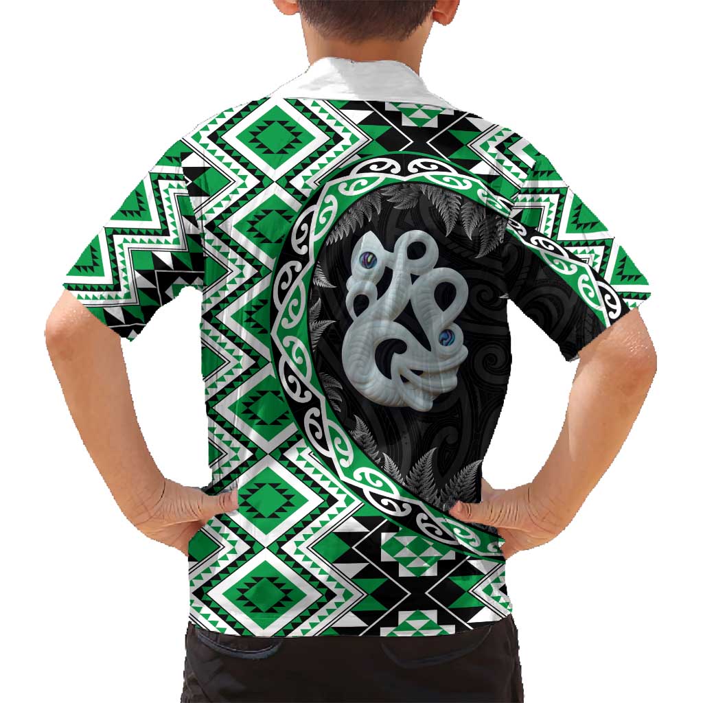 Green Taniko Motif Aotearoa Manaia and Silver Fern Family Matching Tank Maxi Dress and Hawaiian Shirt LT03 - Polynesian Pride