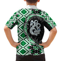 Green Taniko Motif Aotearoa Manaia and Silver Fern Family Matching Tank Maxi Dress and Hawaiian Shirt LT03 - Polynesian Pride