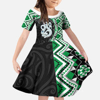 Green Taniko Motif Aotearoa Manaia and Silver Fern Family Matching Tank Maxi Dress and Hawaiian Shirt LT03 Daughter's Dress Green - Polynesian Pride