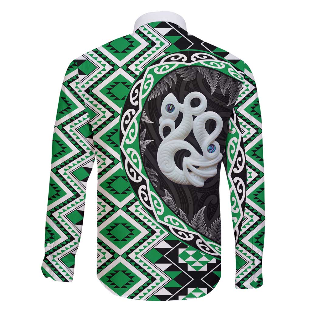 Green Taniko Motif Aotearoa Manaia and Silver Fern Family Matching Tank Maxi Dress and Hawaiian Shirt LT03 - Polynesian Pride