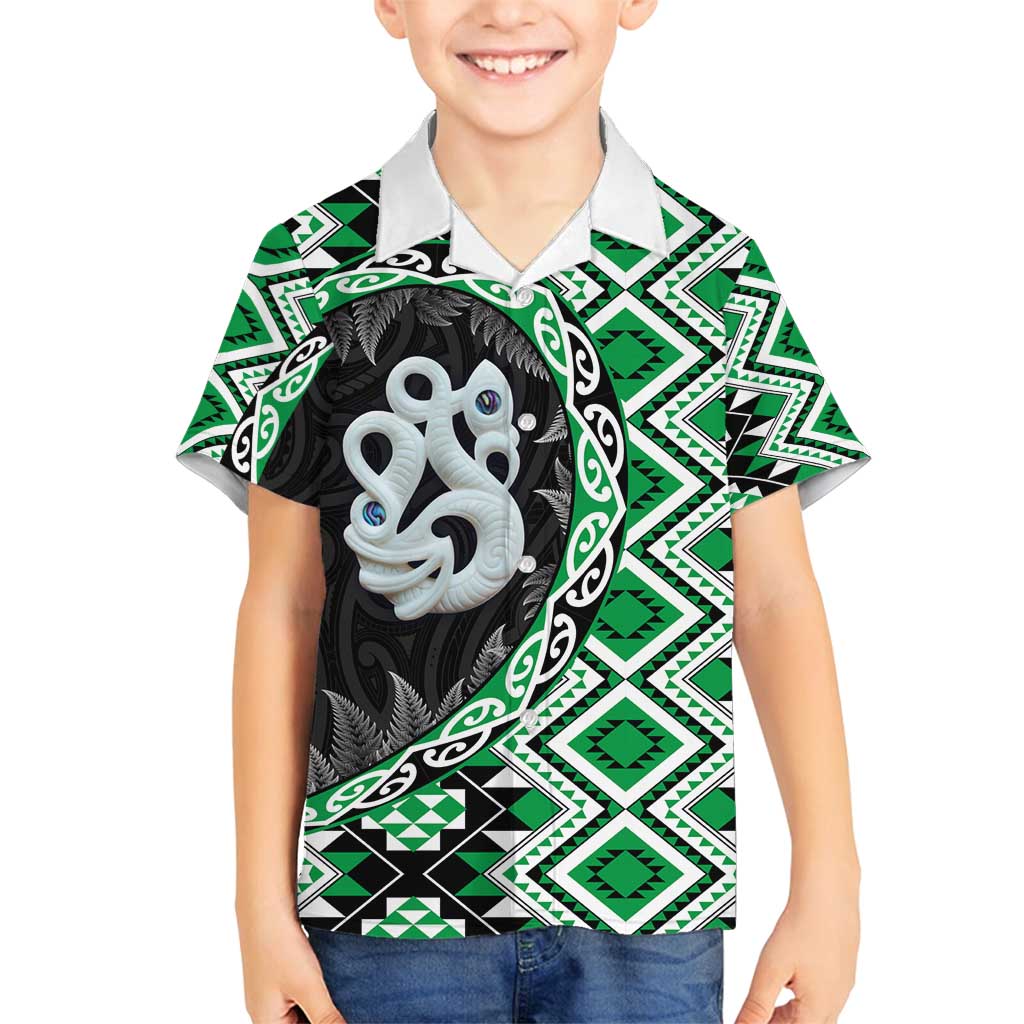 Green Taniko Motif Aotearoa Manaia and Silver Fern Family Matching Tank Maxi Dress and Hawaiian Shirt LT03 Son's Shirt Green - Polynesian Pride