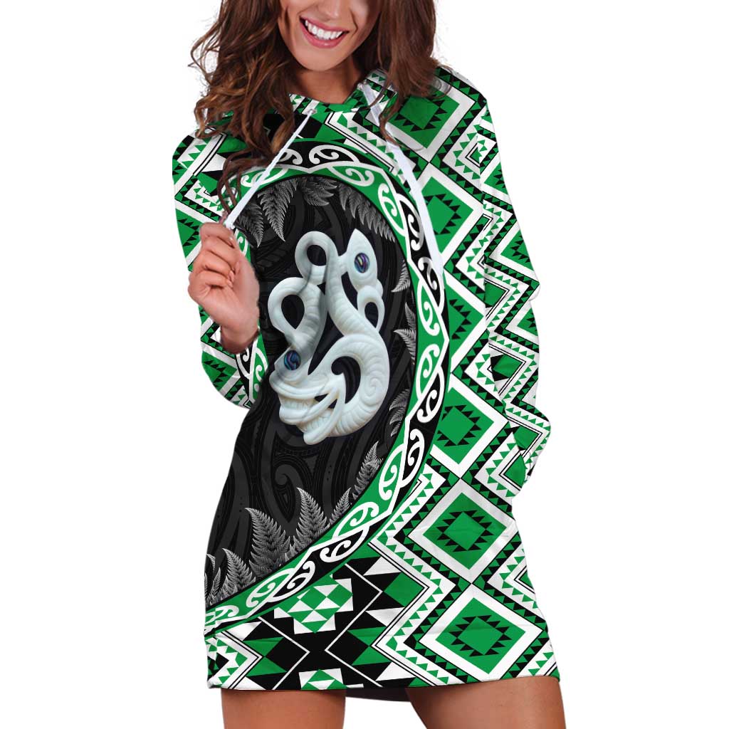 Green Taniko Motif Aotearoa Manaia and Silver Fern Hoodie Dress