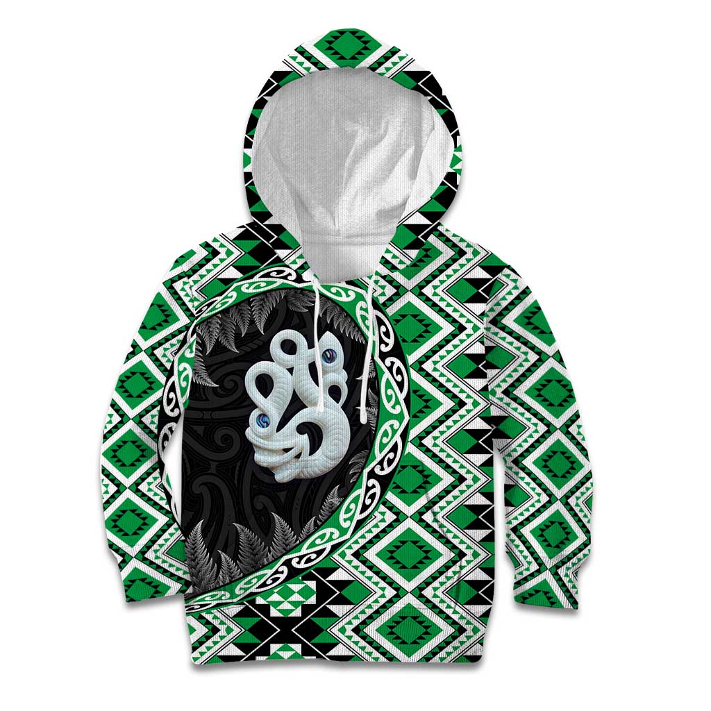 Green Taniko Motif Aotearoa Manaia and Silver Fern Kid Hoodie