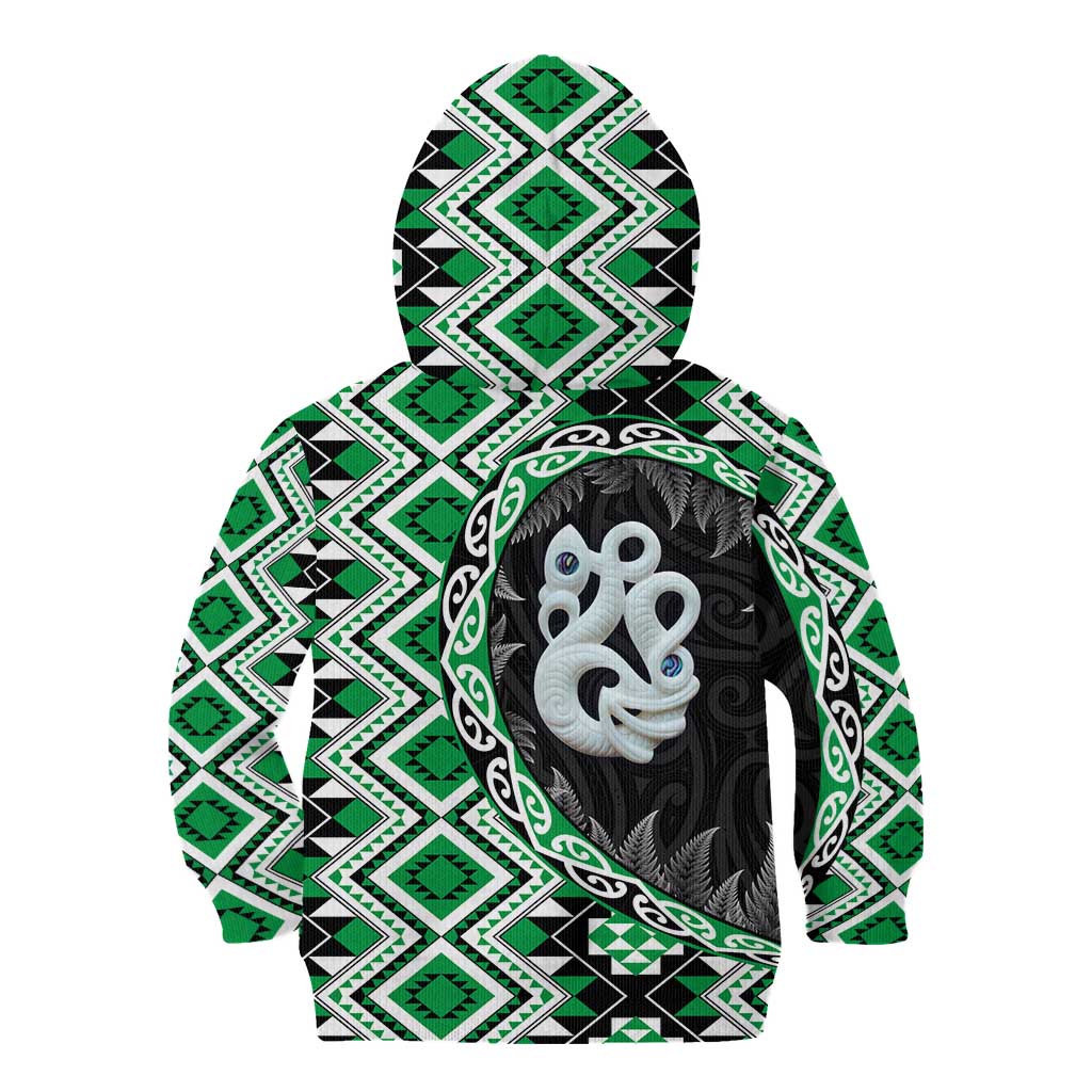 Green Taniko Motif Aotearoa Manaia and Silver Fern Kid Hoodie