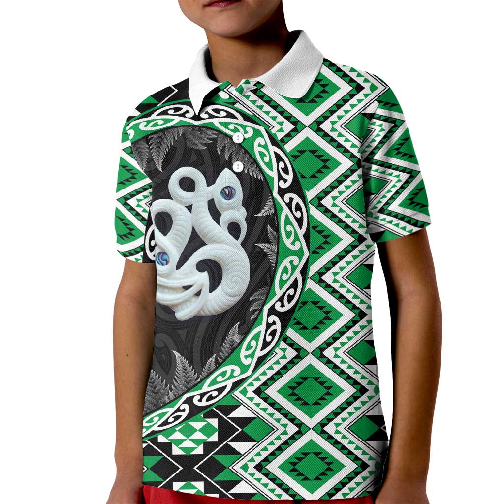 Green Taniko Motif Aotearoa Manaia and Silver Fern Kid Polo Shirt LT03 Kid Green - Polynesian Pride