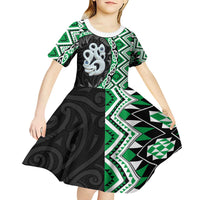 Green Taniko Motif Aotearoa Manaia and Silver Fern Kid Short Sleeve Dress