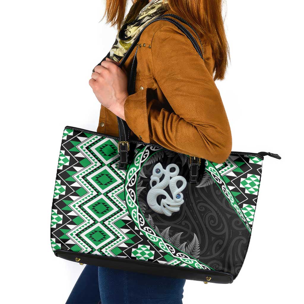 Green Taniko Motif Aotearoa Manaia and Silver Fern Leather Tote Bag LT03 Green - Polynesian Pride