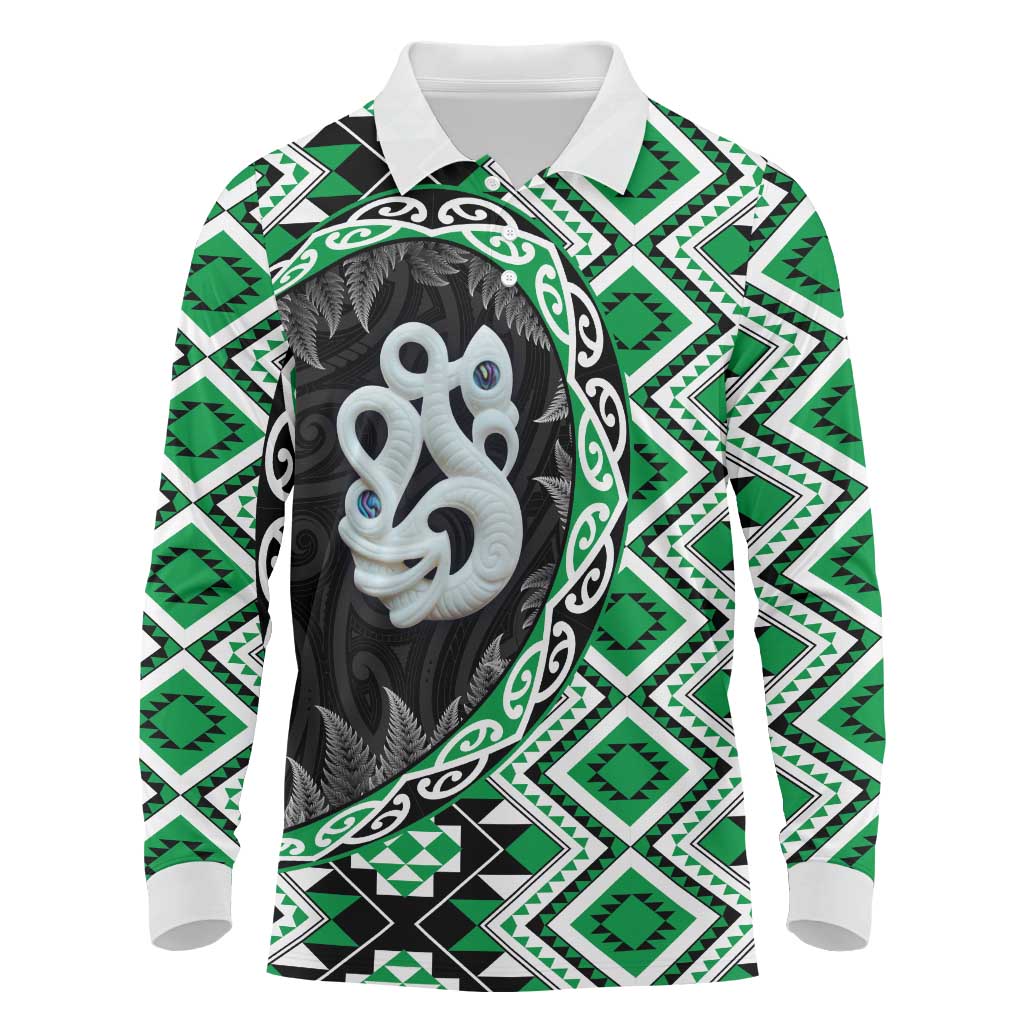 Green Taniko Motif Aotearoa Manaia and Silver Fern Long Sleeve Polo Shirt