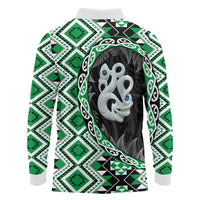 Green Taniko Motif Aotearoa Manaia and Silver Fern Long Sleeve Polo Shirt