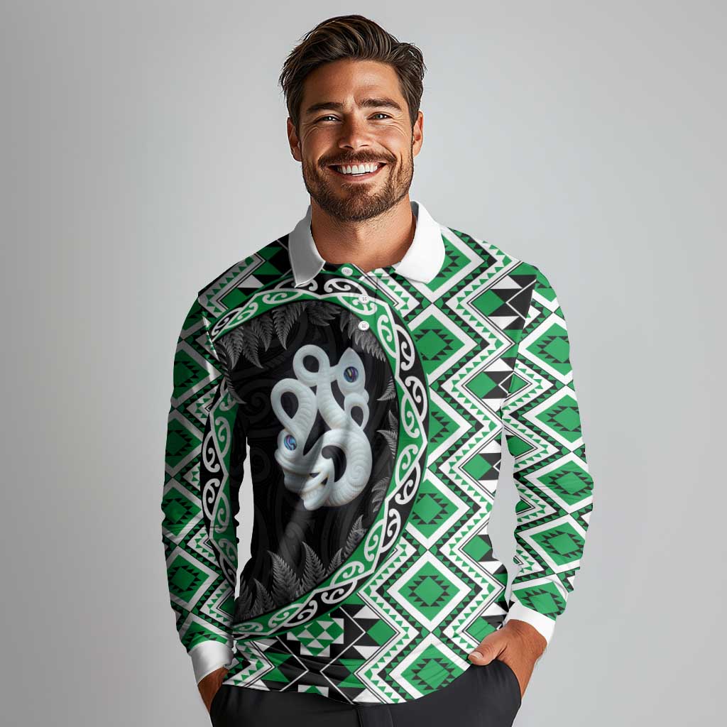 Green Taniko Motif Aotearoa Manaia and Silver Fern Long Sleeve Polo Shirt