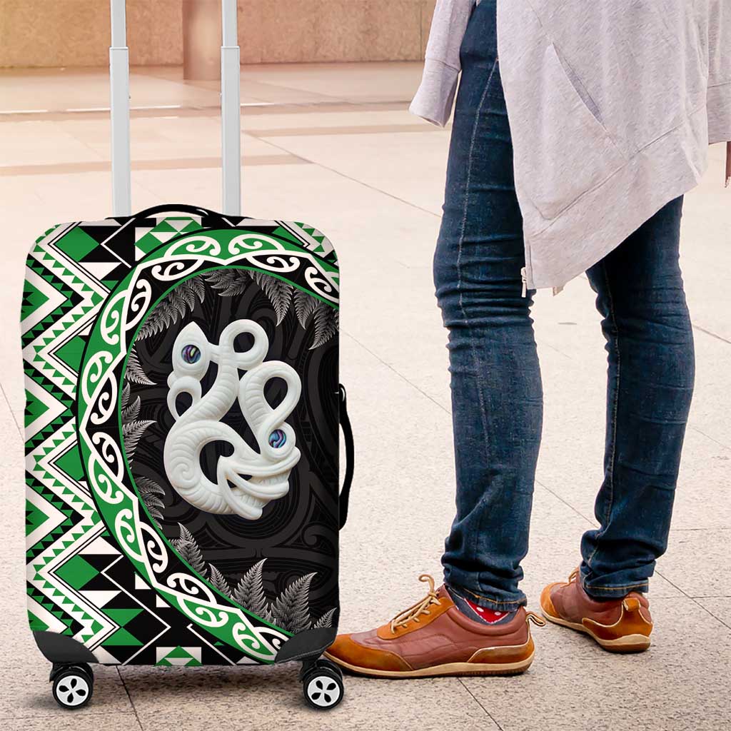 Green Taniko Motif Aotearoa Manaia and Silver Fern Luggage Cover LT03 Green - Polynesian Pride