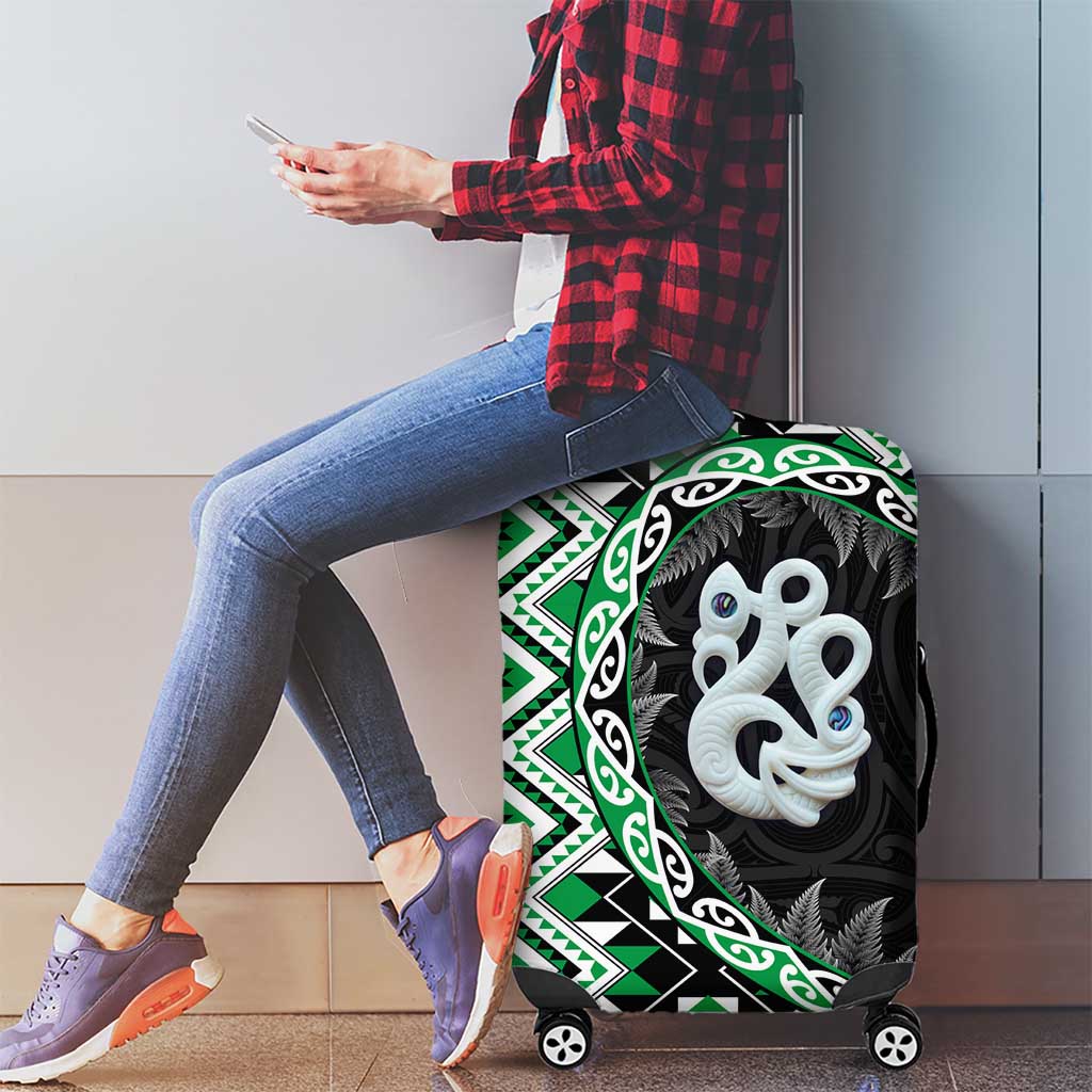 Green Taniko Motif Aotearoa Manaia and Silver Fern Luggage Cover