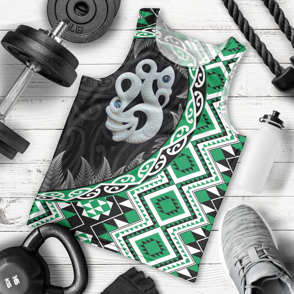 Green Taniko Motif Aotearoa Manaia and Silver Fern Men Tank Top