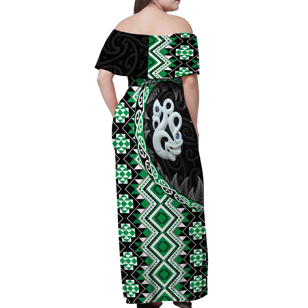 Green Taniko Motif Aotearoa Manaia and Silver Fern Off Shoulder Maxi Dress