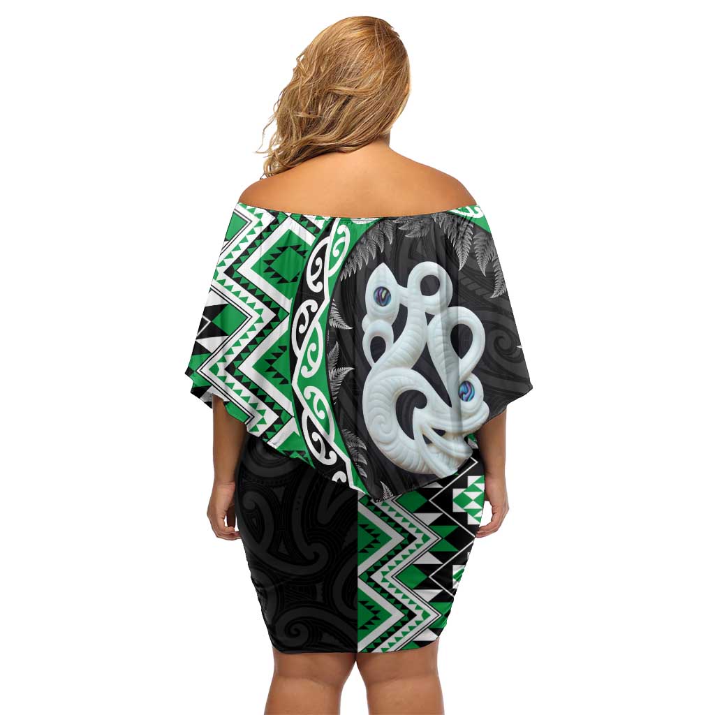 Green Taniko Motif Aotearoa Manaia and Silver Fern Off Shoulder Short Dress