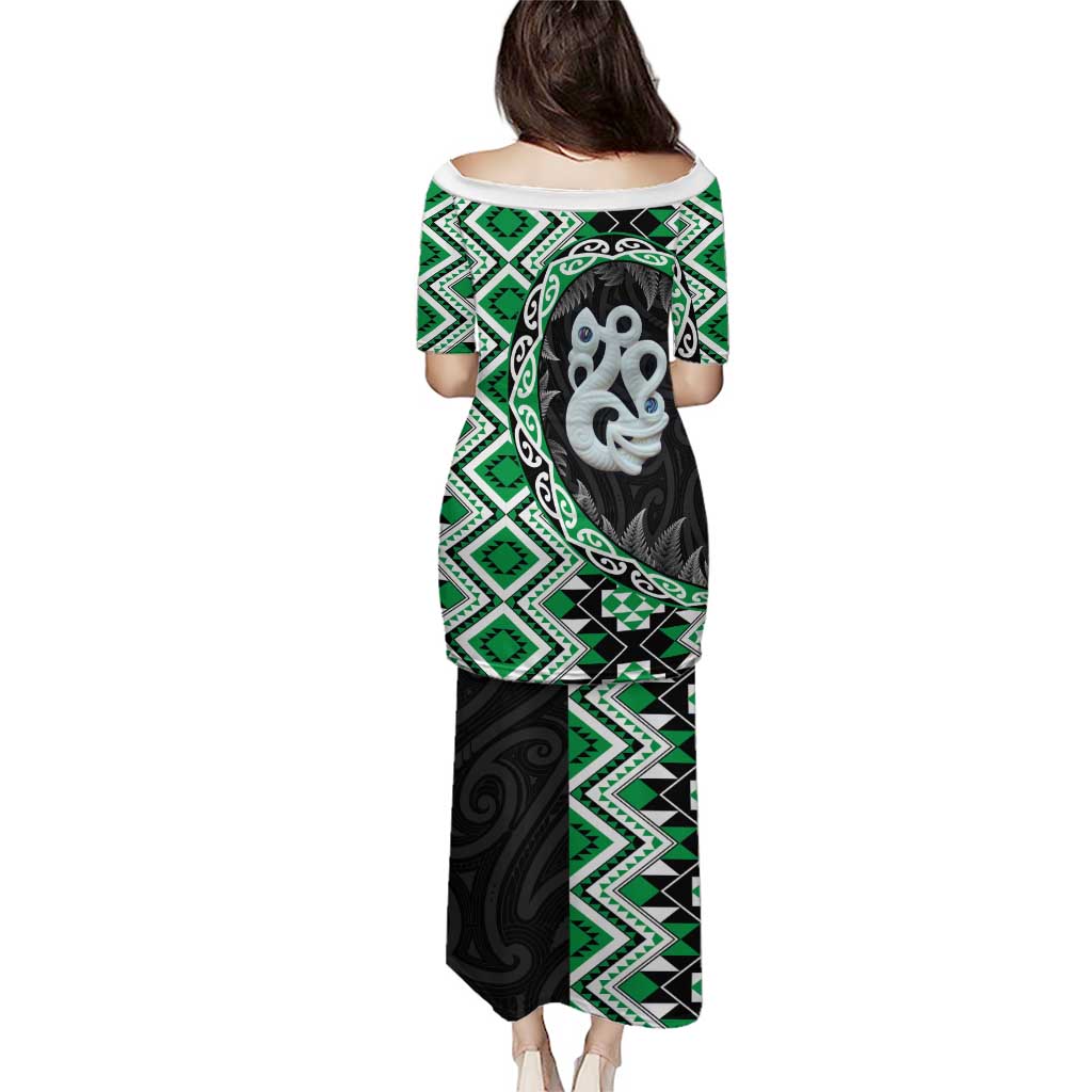 Green Taniko Motif Aotearoa Manaia and Silver Fern Puletasi