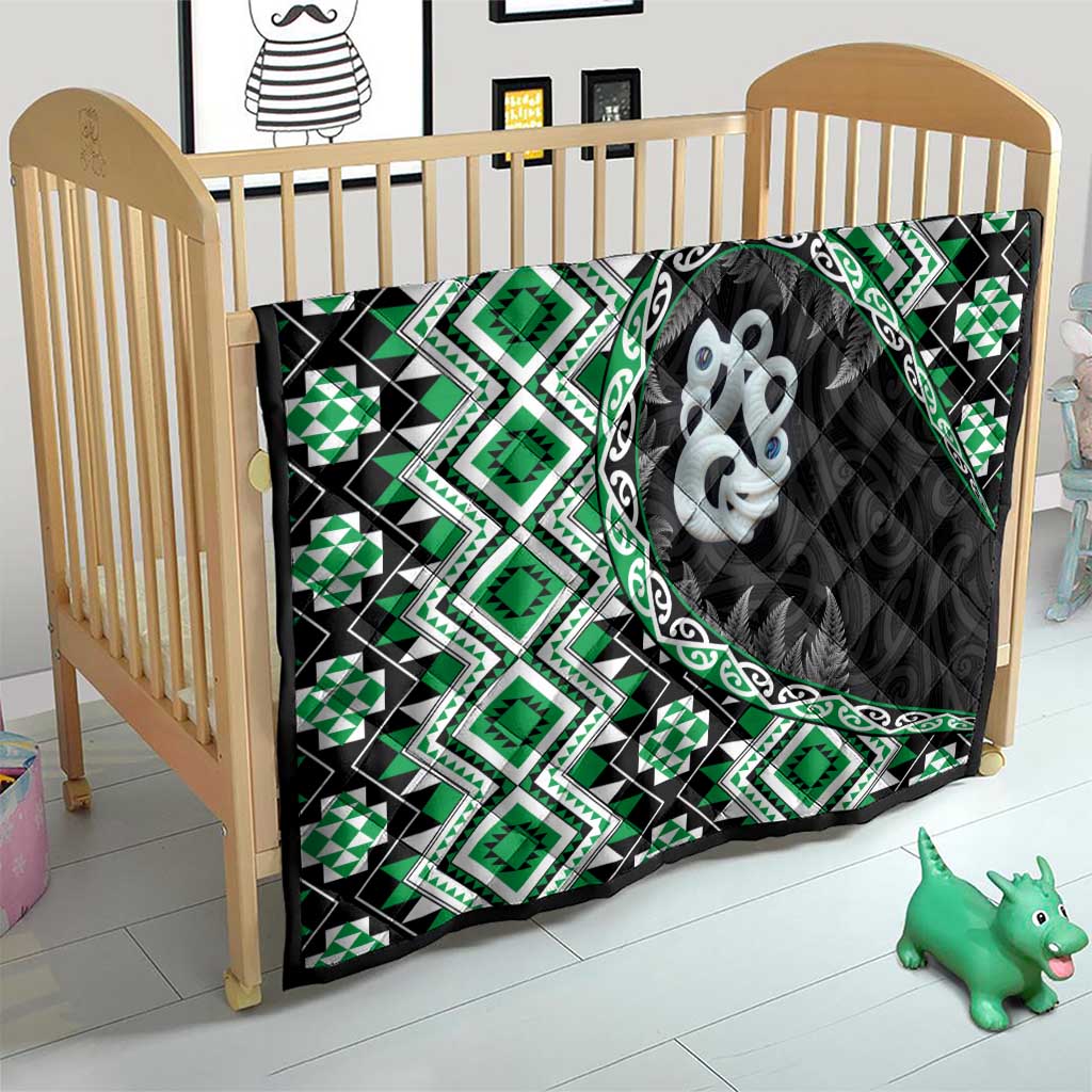 Green Taniko Motif Aotearoa Manaia and Silver Fern Quilt LT03 - Polynesian Pride