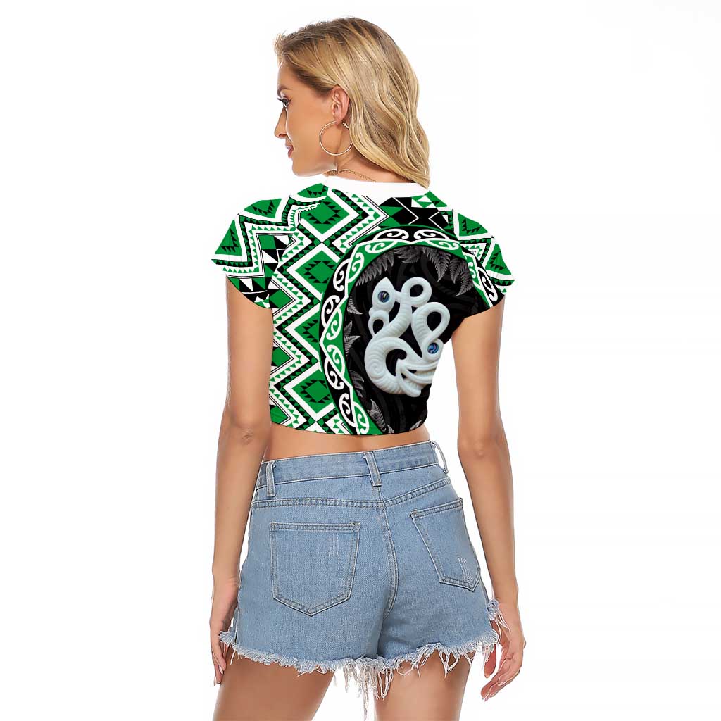 Green Taniko Motif Aotearoa Manaia and Silver Fern Raglan Cropped T Shirt
